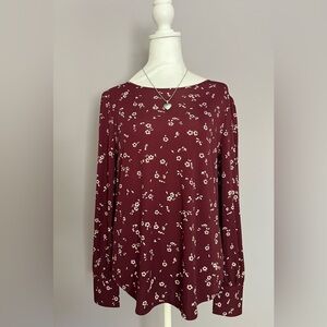 Ann Taylor Long Sleeve Blouse Shirt Maroon Floral Pattern Size Medium